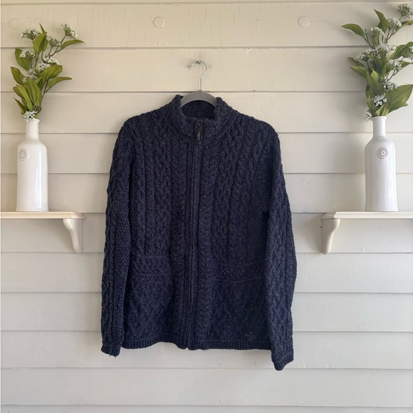 Inis Crafts Blue Marled Merino Wool Sweater Full Zip Sweater Size Medium - Picture 2 of 10